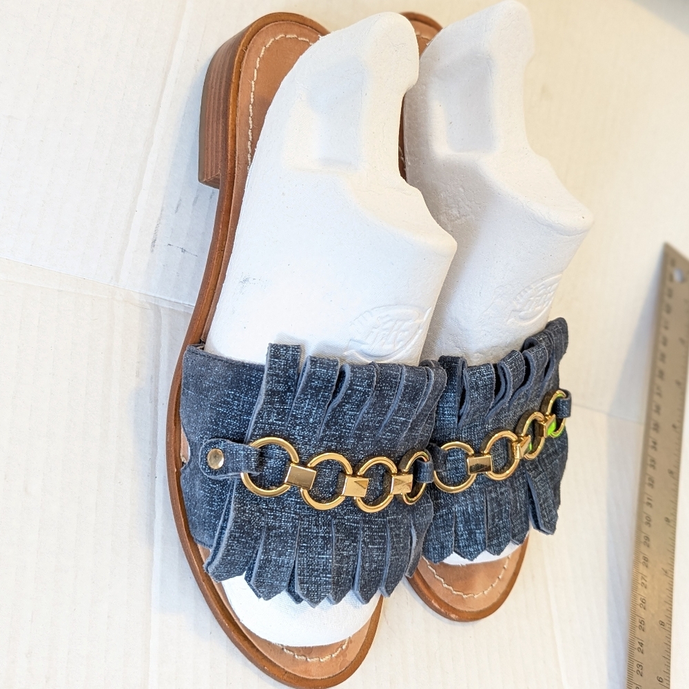kate spade Denim Blue Fringe Slide Sandals with Gold Chain - Picture 9 of 14